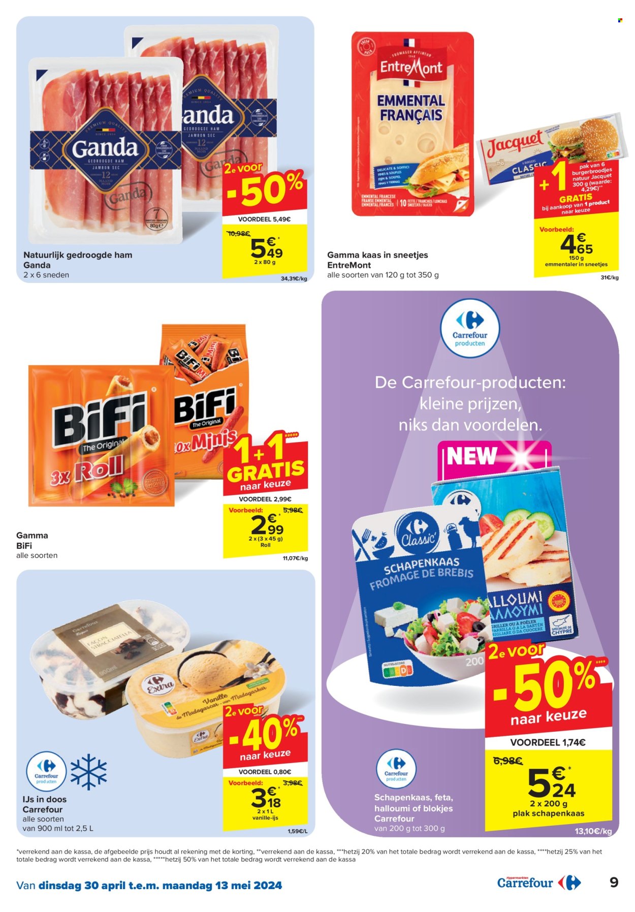 thumbnail - Carrefour hypermarkt-aanbieding - 30/04/2024 - 13/05/2024 -  producten in de aanbieding - Gamma, ham, gedroogde ham, halloumi, kaas, Feta, Ijs. Pagina 9.
