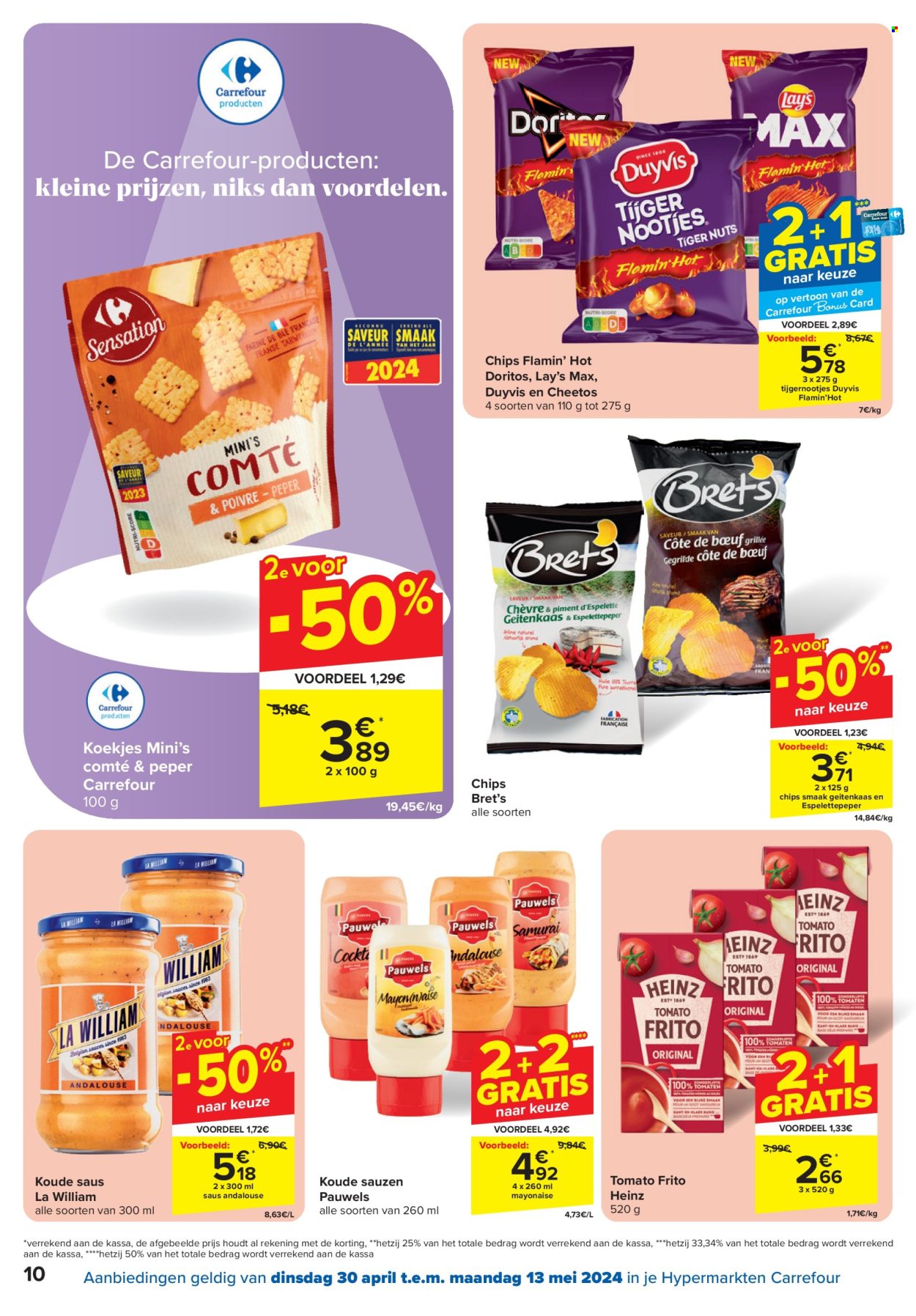 thumbnail - Carrefour hypermarkt-aanbieding - 30/04/2024 - 13/05/2024 -  producten in de aanbieding - geitenkaas, mayonaise, koekjes, cheetos, chips, zoute snack, Lay’s, Heinz, tomato frito. Pagina 10.