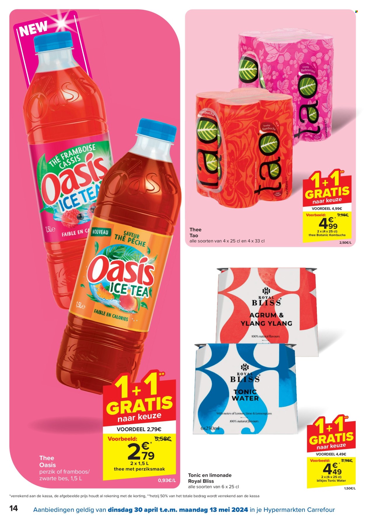 thumbnail - Carrefour hypermarkt-aanbieding - 30/04/2024 - 13/05/2024 -  producten in de aanbieding - limonade, ice tea, tonic water, kombucha. Pagina 14.