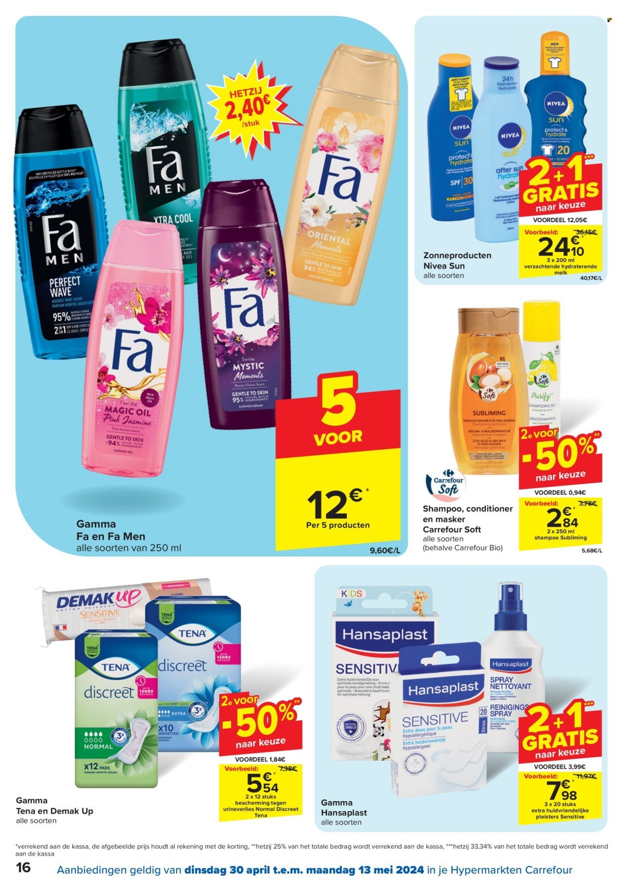 thumbnail - Carrefour hypermarkt-aanbieding - 30/04/2024 - 13/05/2024 -  producten in de aanbieding - Nivea, Gamma, melk, shampoo, Fa, Fa Men, Discreet, Tena, conditioner, Hansaplast, pleister. Pagina 16.