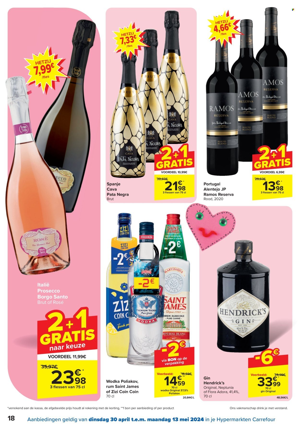 thumbnail - Carrefour hypermarkt-aanbieding - 30/04/2024 - 13/05/2024 -  producten in de aanbieding - alcohol, Cava, prosecco, rum, gin, fles. Pagina 18.