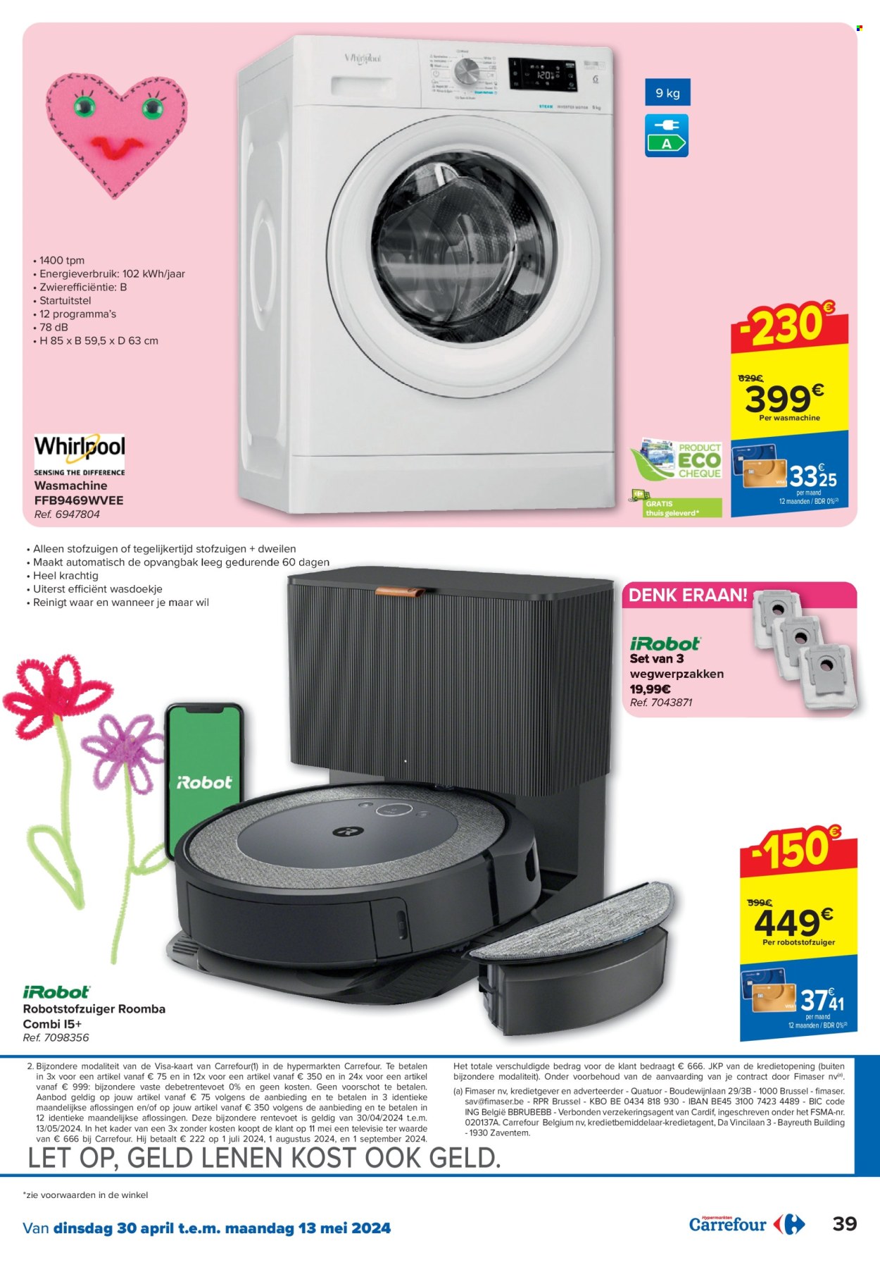 thumbnail - Carrefour hypermarkt-aanbieding - 30/04/2024 - 13/05/2024 -  producten in de aanbieding - dweil, Bic, TV, wasmachine, Roomba, robot stofstuiger. Pagina 39.
