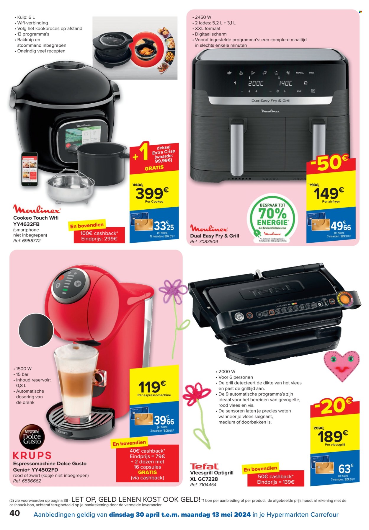 thumbnail - Carrefour hypermarkt-aanbieding - 30/04/2024 - 13/05/2024 -  producten in de aanbieding - Dolce Gusto, smartphone, wifi, espressomachine, airfryer, Optigrill, contactgrill, grill. Pagina 40.