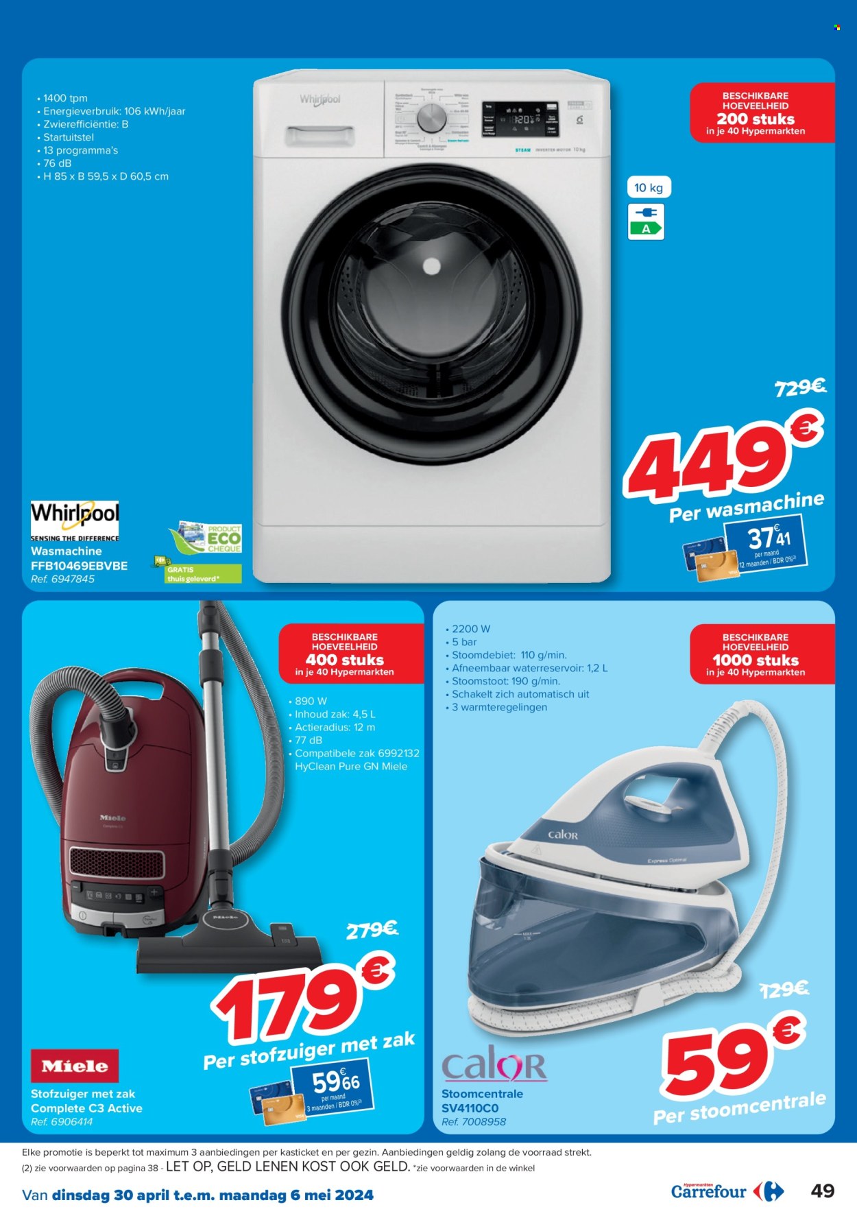 thumbnail - Carrefour hypermarkt-aanbieding - 30/04/2024 - 13/05/2024 -  producten in de aanbieding - wasmachine, stofzuiger. Pagina 49.