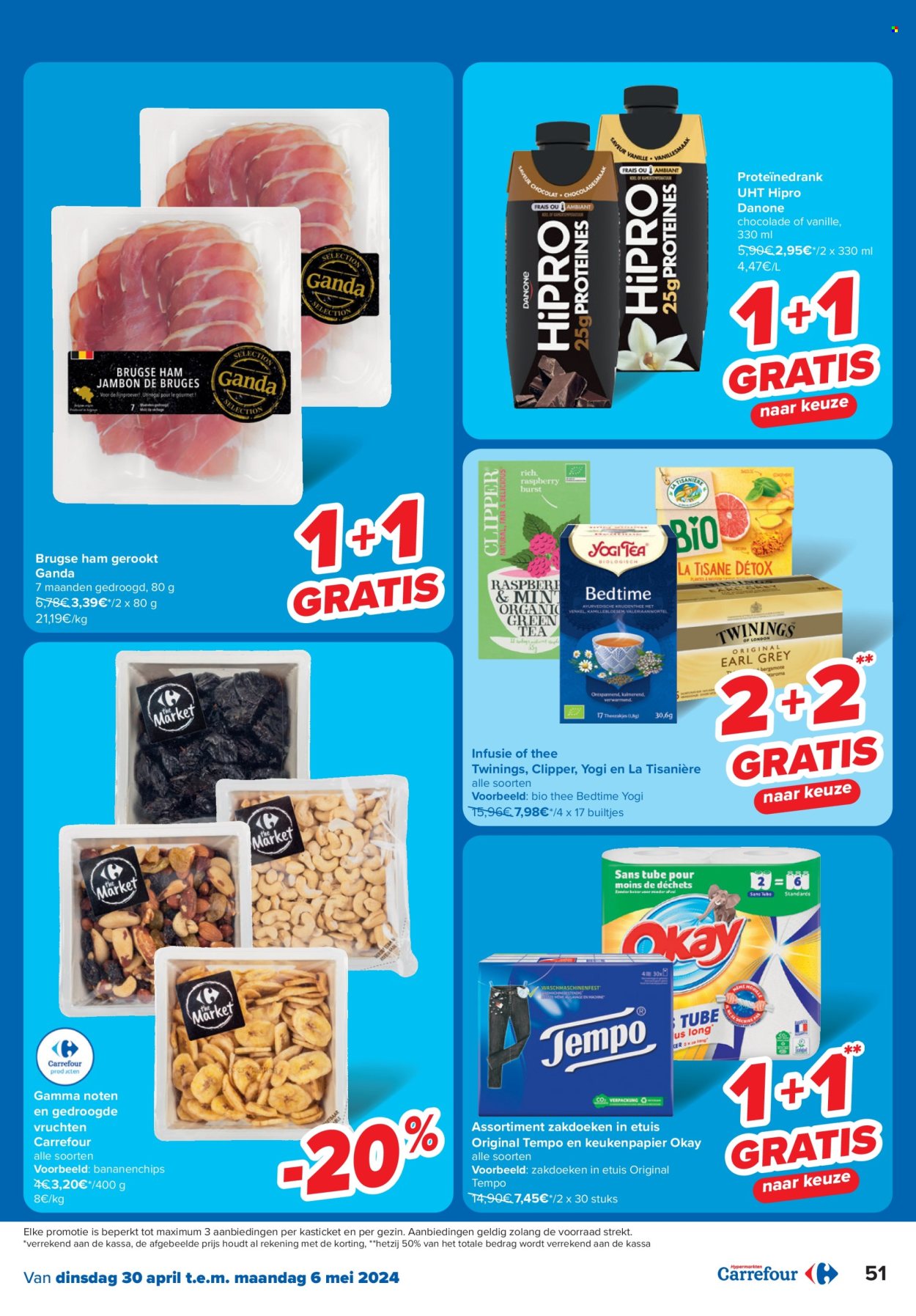 thumbnail - Carrefour hypermarkt-aanbieding - 30/04/2024 - 13/05/2024 -  producten in de aanbieding - Gamma, ham, Danone, chocolade, thee, keukenpapier, zakdoeken. Pagina 51.