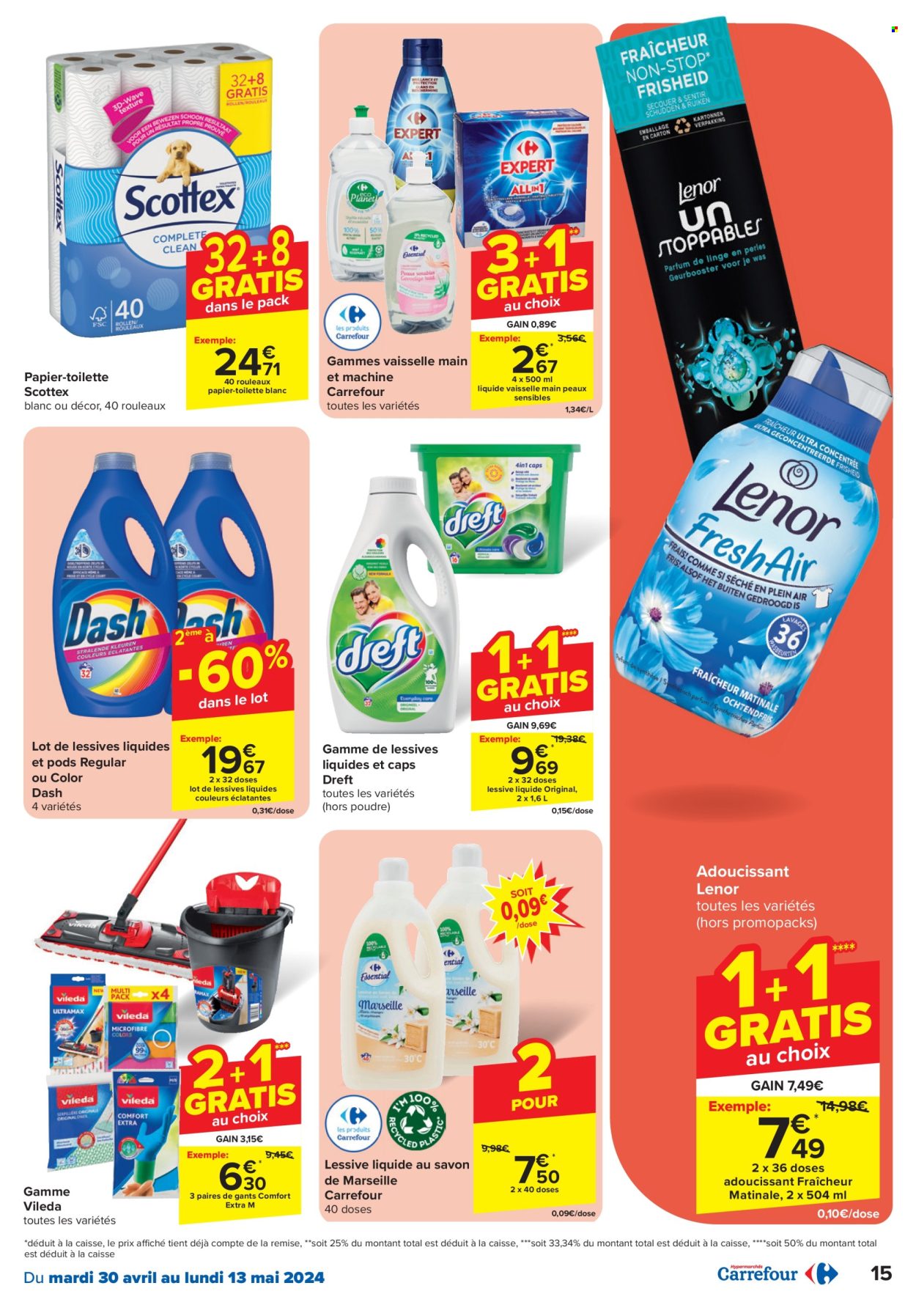 thumbnail - Carrefour hypermarkt-aanbieding - 30/04/2024 - 13/05/2024 -  producten in de aanbieding - Vileda, Lenor, Dreft, papier. Pagina 15.