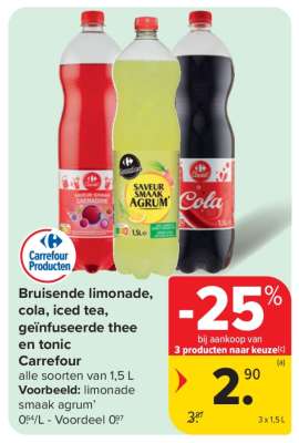 Carrefour Bruisende limonade, cola, iced tea, geïnfuseerde thee en tonic