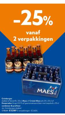 Grimbergen dubbel of blond, Maes of Cristal Alken pils, Desperados Virgin