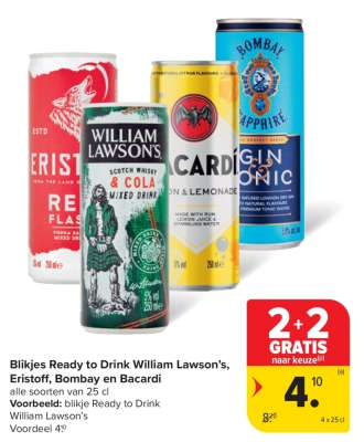 Blikjes Ready to Drink William Lawson’s, Eristoff, Bombay en Bacardi